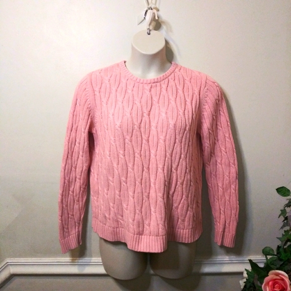 Land's End Drifter Cable Crew Neck Sweater In Cameo Pink/Clay Bisque Heather - Picture 9 of 10